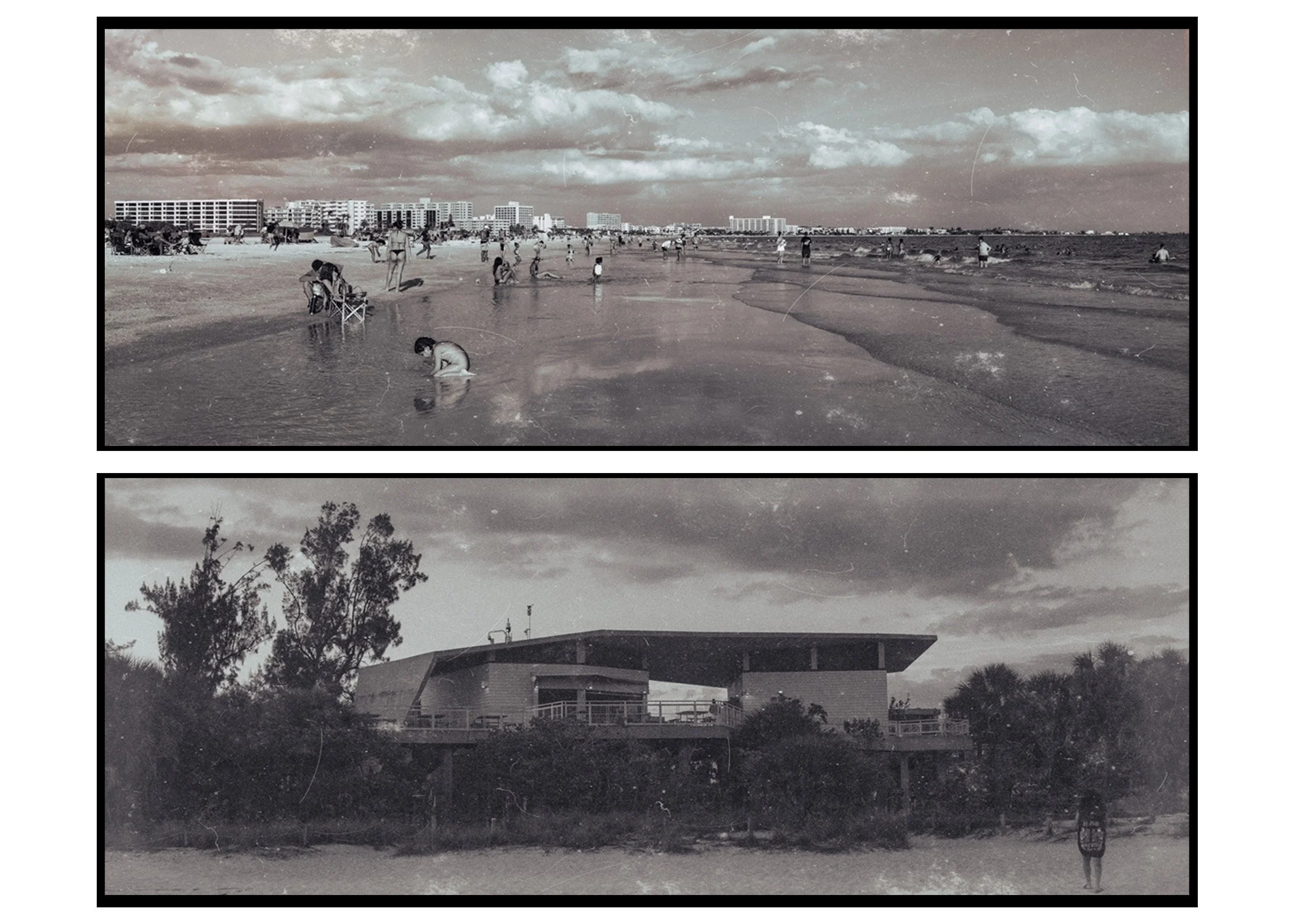 A beach scene with people swimming, walking, and relaxing on the sand. In the background, there are buildings and a cloudy sky. The image has a vintage, black-and-white appearance.
