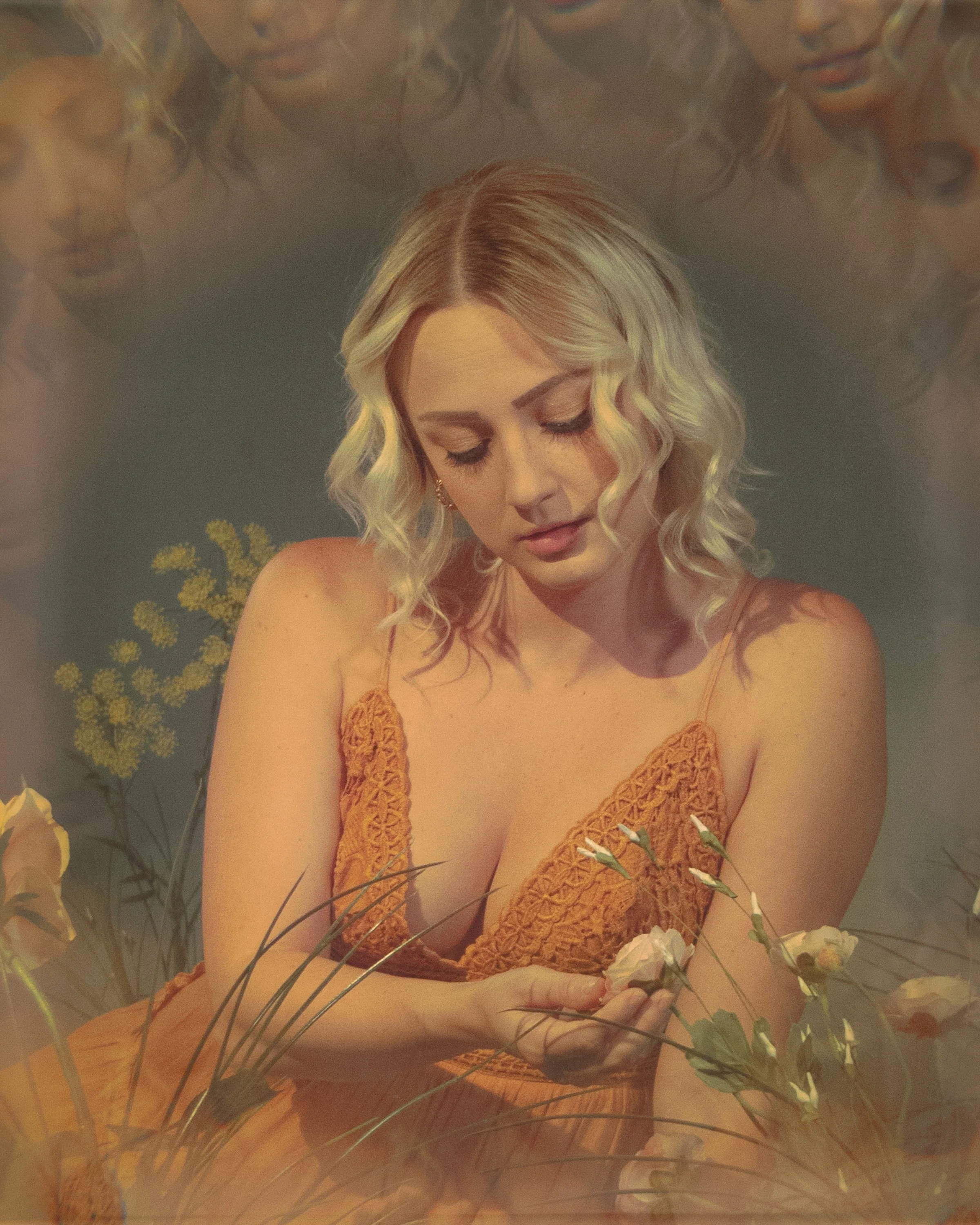 A woman with blonde, curly hair and closed eyes, wearing a rust-colored, crocheted top, surrounded by white flowers and greenery.