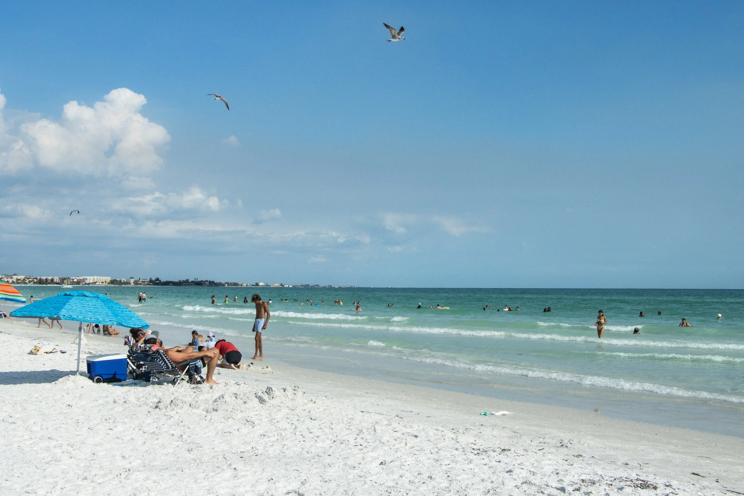 Beach scene with people relaxing on white sand, under umbrellas, and swimming in the ocean. Seagulls fly in a partly cloudy blue sky, with buildings visible in the background.