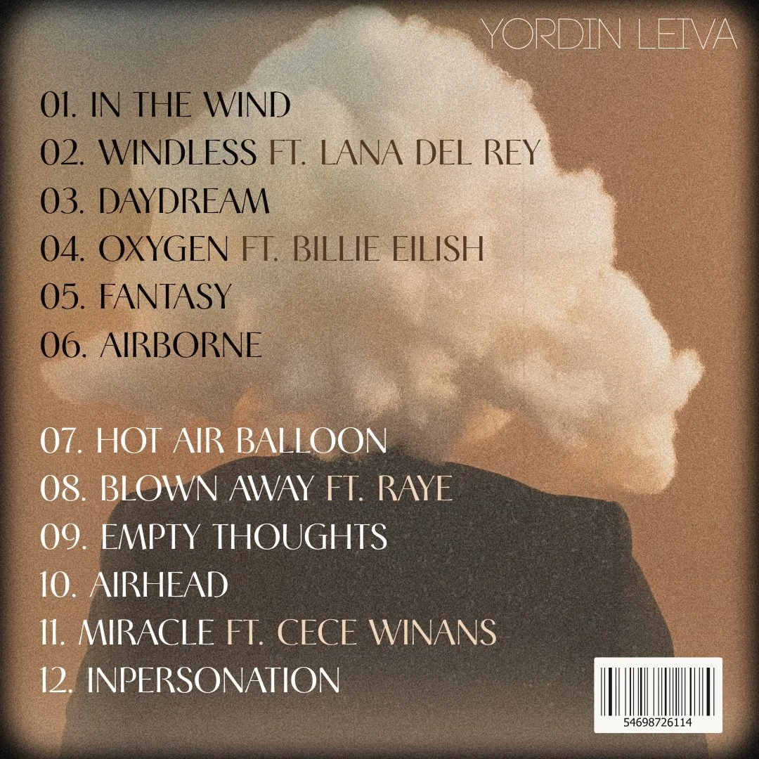 List of song titles and artists over a background of a person with a cloud of smoke or vapor covering their face, with a barcode at the bottom right corner.