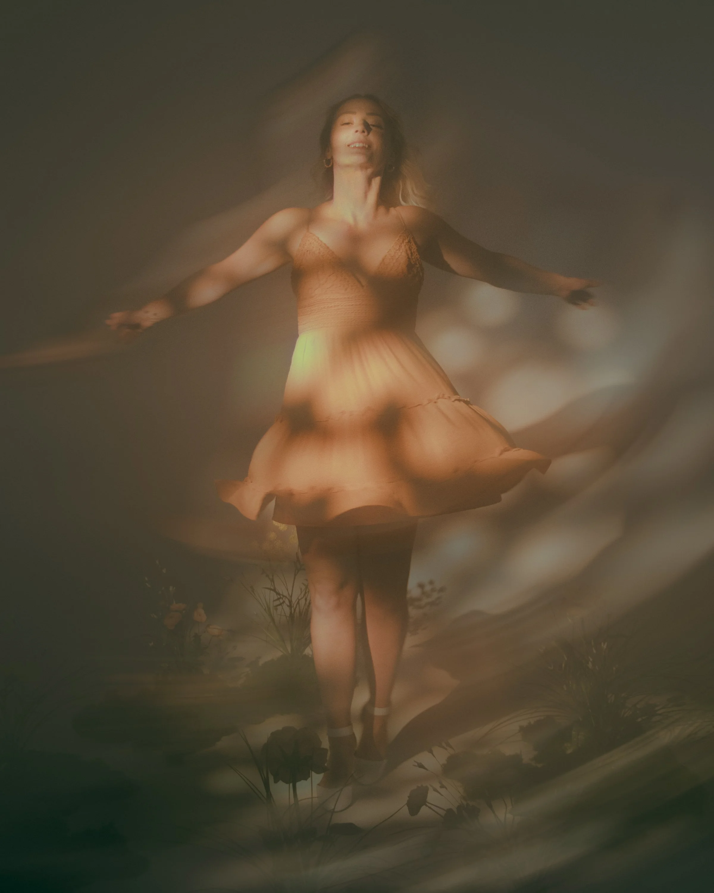 A woman with closed eyes and a serene expression wearing a peach-colored dress with lace. She is surrounded by a misty atmosphere with soft, diffused lighting, creating an ethereal, dreamy scene.