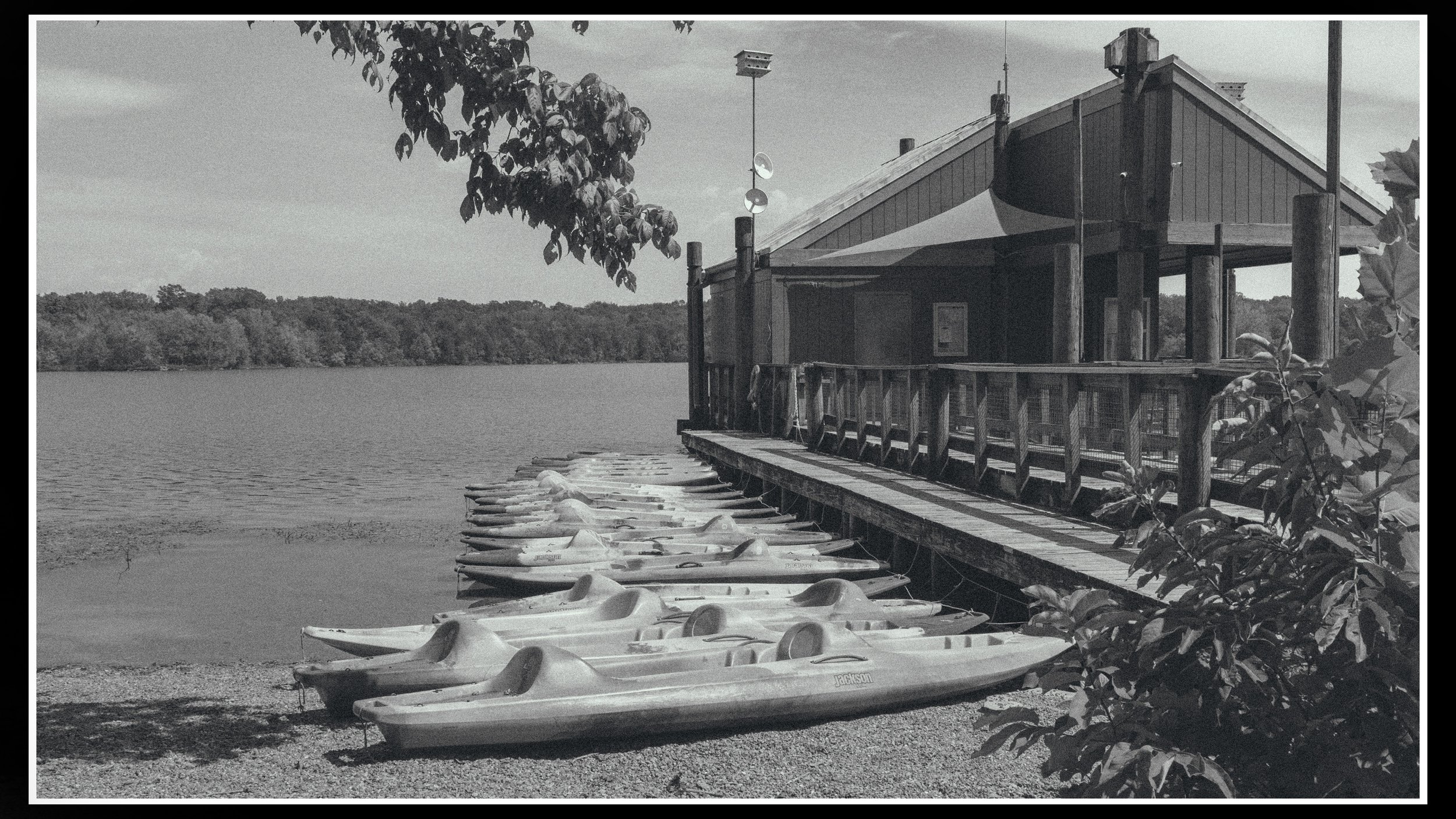 A lakeside scene in black and white featuring a wooden dock with multiple canoes lined up on the shore. There is a small building with a porch and a railing, with trees and a lake in the background. Overhanging branches partially frame the scene.