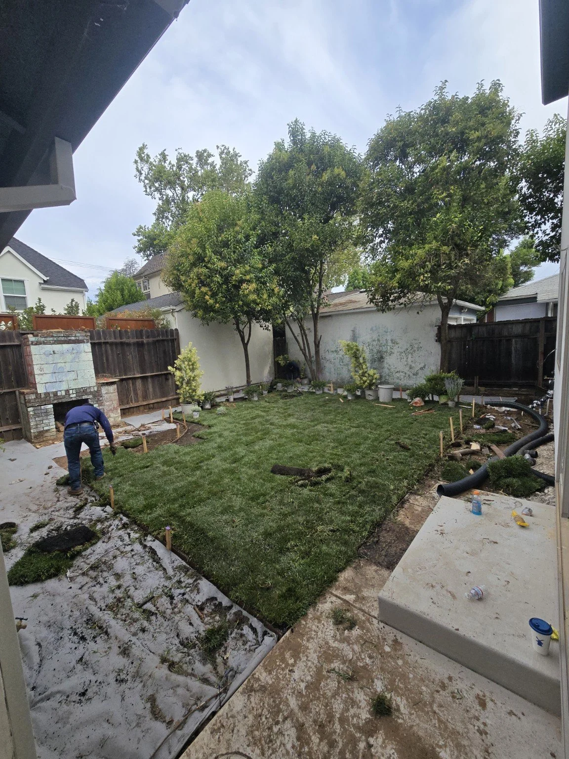Backyard garden under construction with grass, trees, and construction worker installing landscaping, surrounded by wooden fencing.