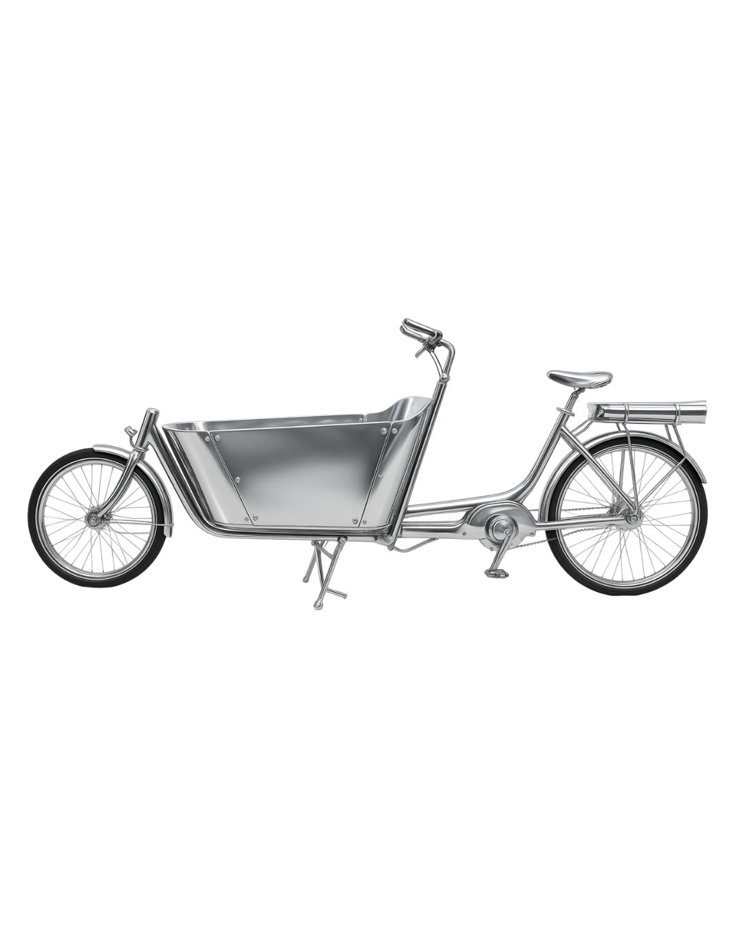 Silver cargo bicycle with a large enclosed front compartment and rear luggage rack.