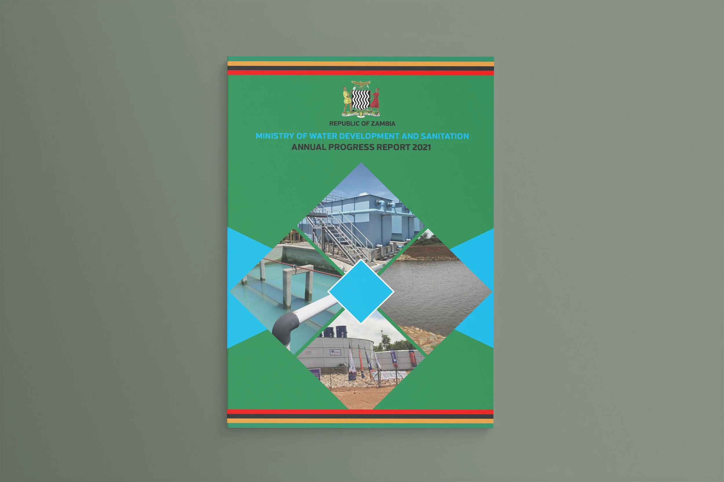 Cover of the Zambia Ministry of Water Development and Sanitation annual progress report 2021, featuring images of water infrastructure and landscapes.