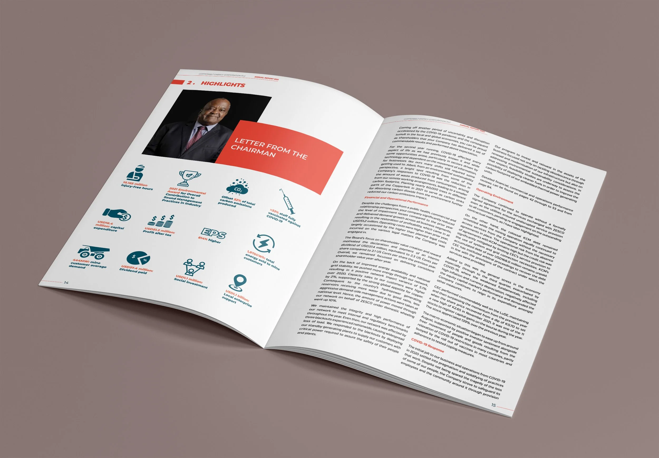 Open booklet with a picture of a man in a suit on the left page, titled "Letter from the Chairman". The right page contains text and various infographics and statistics related to environmental and financial performance.