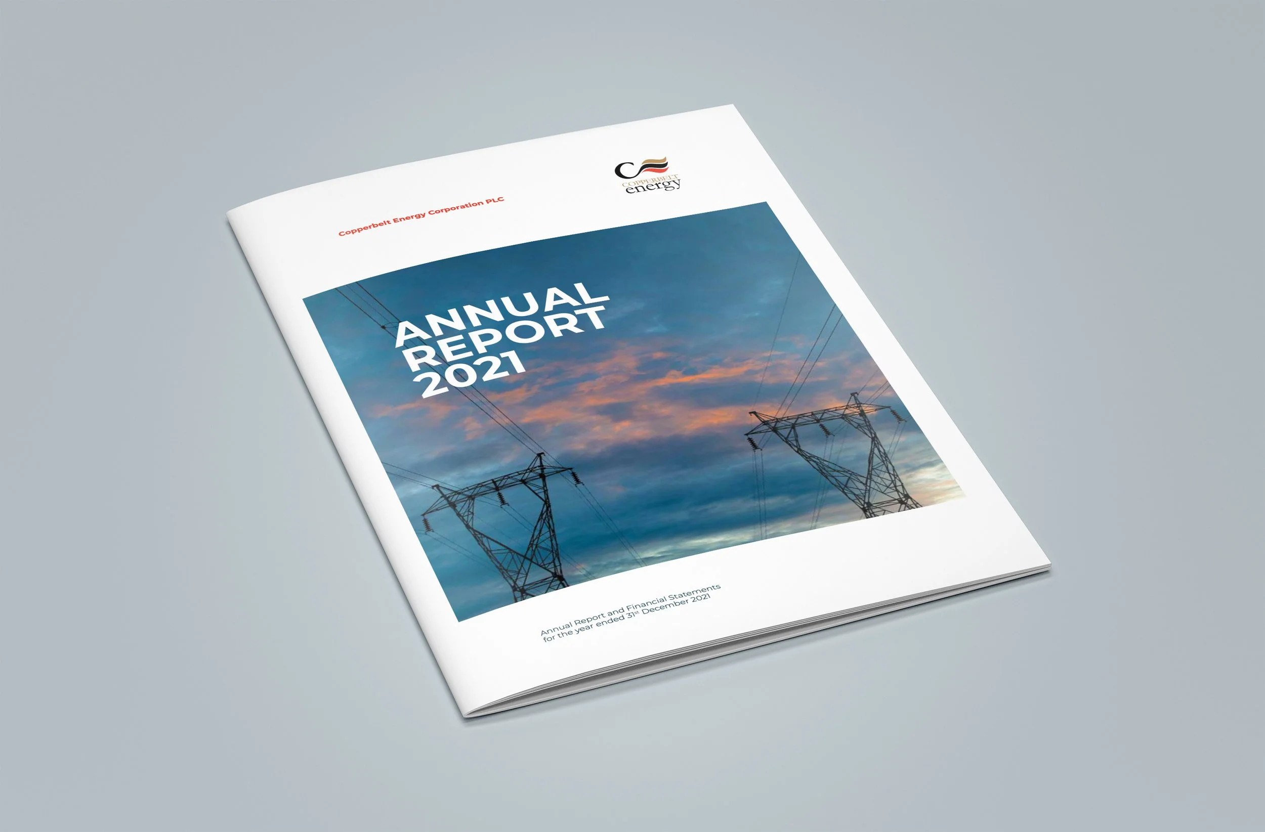 A printed annual report titled 'Annual Report 2021' with a cover photo of power lines and a partly cloudy sky.