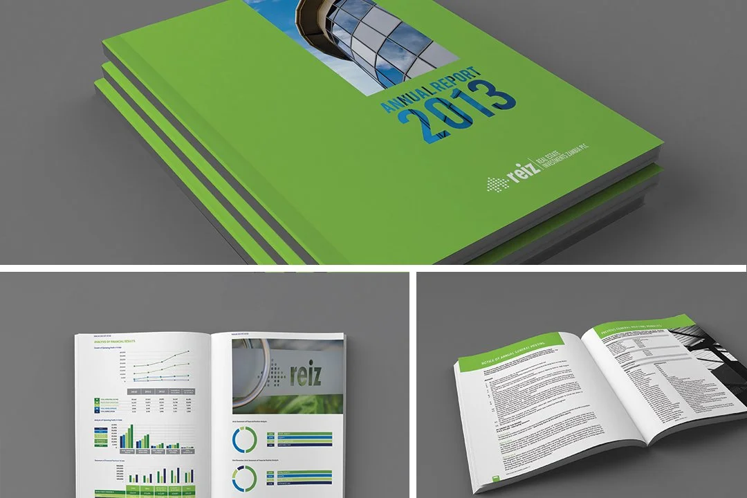 A green annual report booklet from 2013 with a cover image of a building's curved glass facade. Inside pages show graphs, charts, and textual content.