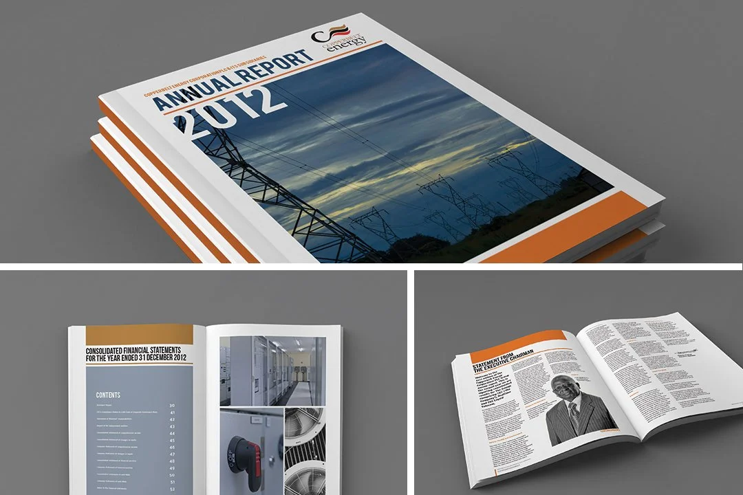 Cover of an annual report from 2012 with a photo of electrical power lines at sunset. Inside pages show financial statements, photos of data center equipment, and an article with a man's portrait.