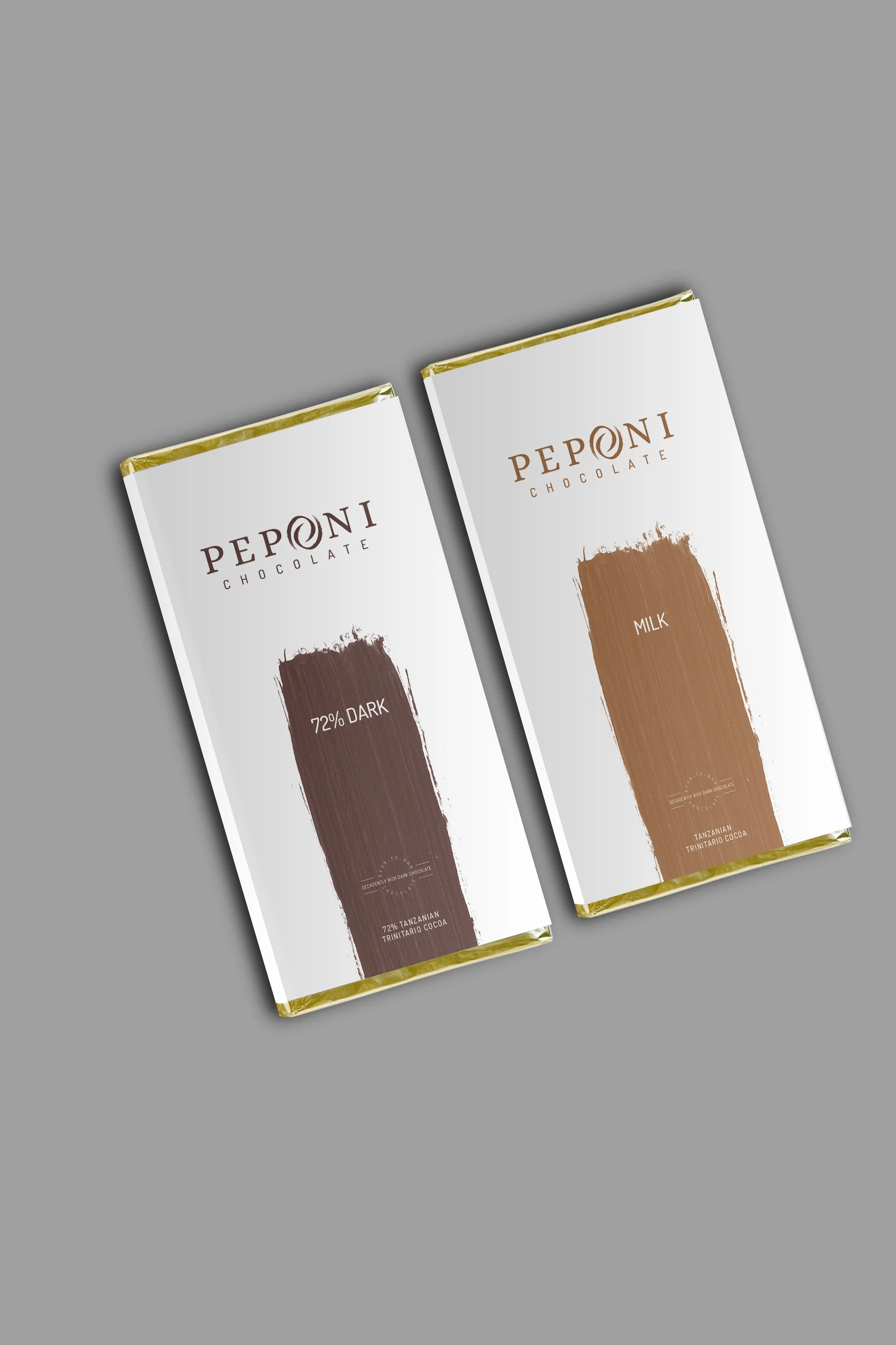 Two Peponi Chocolate bars on a gray background, one dark chocolate and one milk chocolate, with white packaging and gold accents.