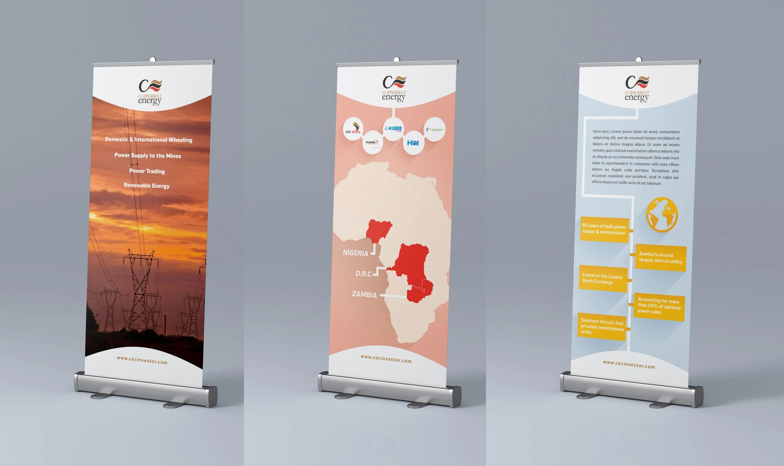 Three vertical banners about energy produced by Copperbelt Energy, showing power lines, a map of Nigeria, DRC, and Zambia, and various facts about energy and power utilities.