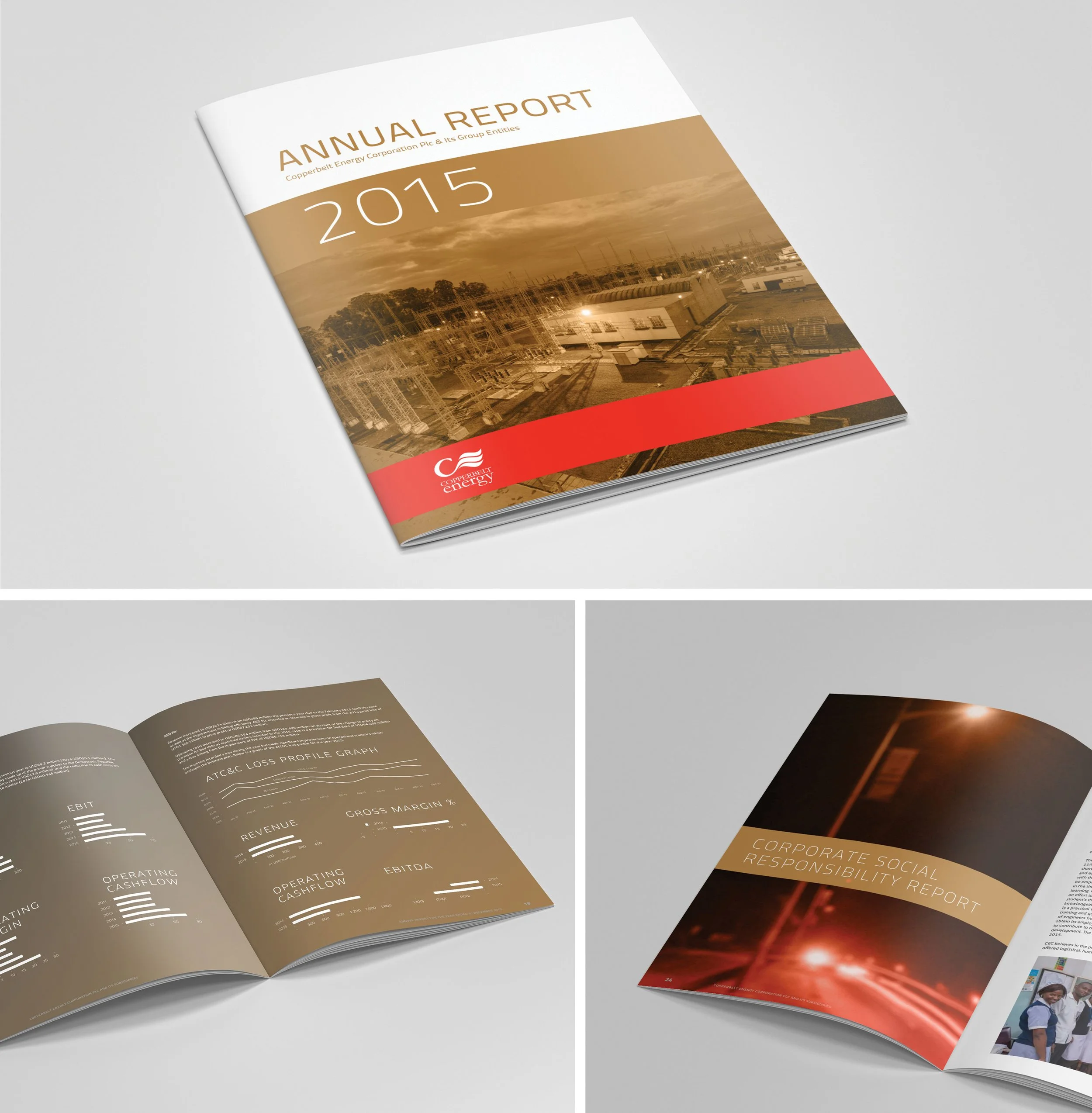 An open annual report magazine with a cover titled 'Annual Report 2015' for Copperbelt Energy Corporation. The cover features an image of an industrial area with power lines and equipment, and the magazine interior displays financial graphs and data.