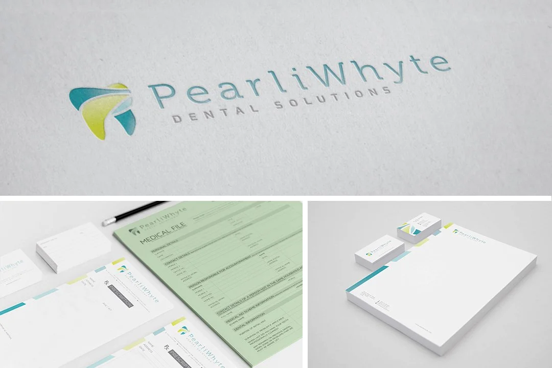 Logo for PearlWhyte Dental Solutions and various branding materials including a business card, letterhead, and documents.