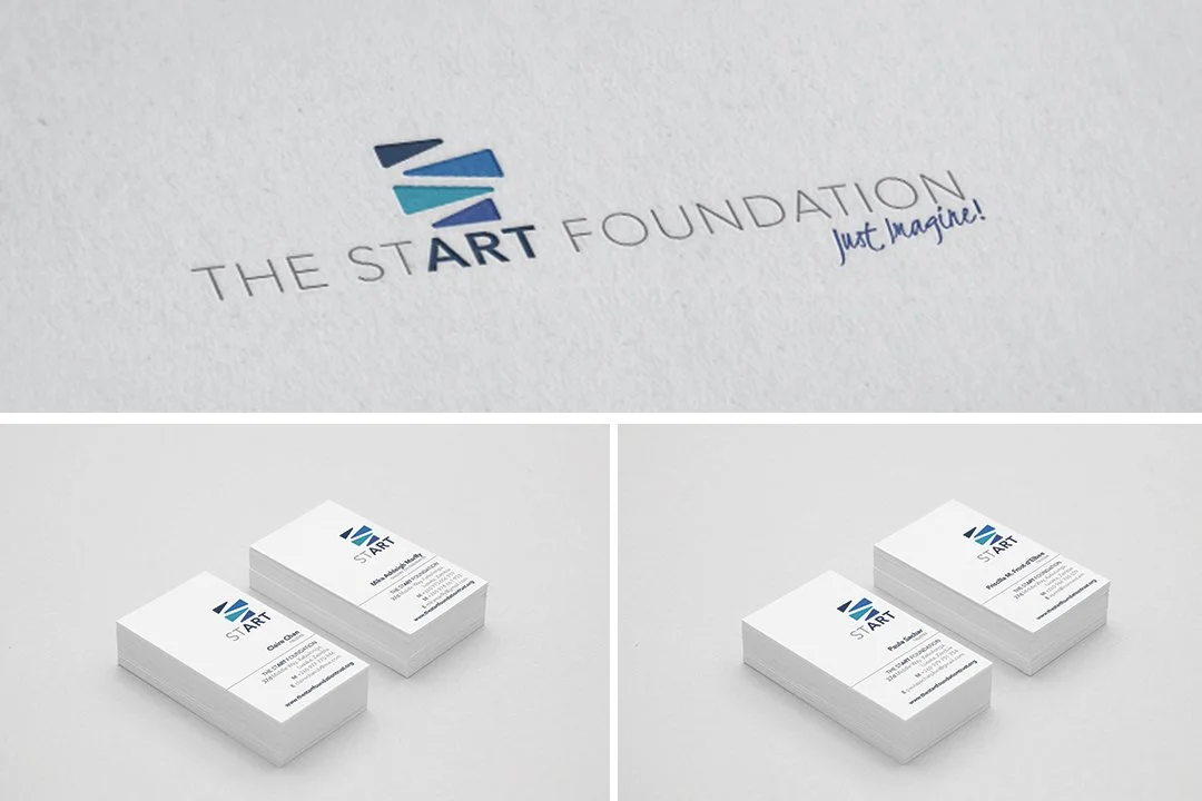 Logos and business cards for 'The Start Foundation,' featuring a stylized blue and black geometric icon with the foundation's name and a handwritten phrase 'Just Imagine!'