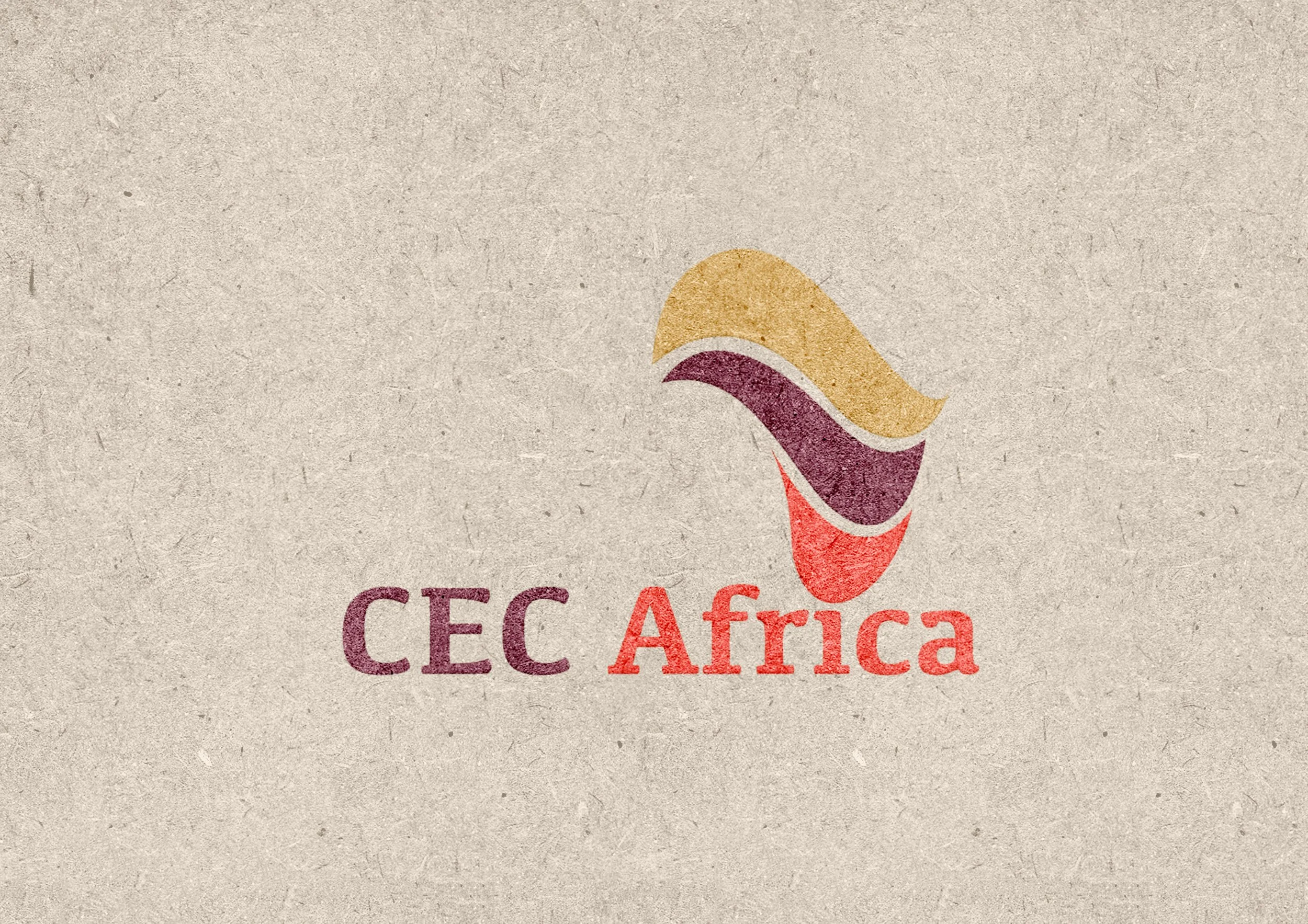 Close-up of a logo with a stylized leaf and the text 'Cec Africa' on a textured beige background.