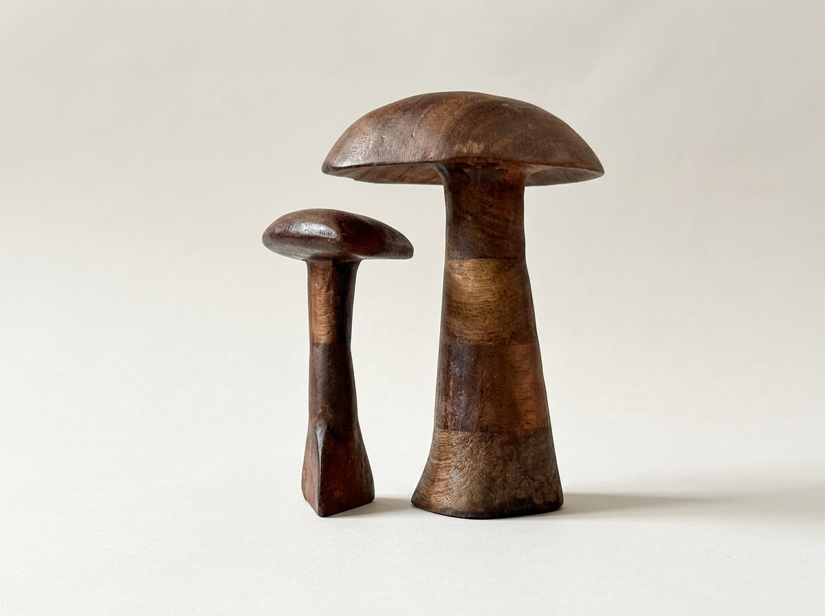 Fungal Pair Hand-Carved Wood Mushroom Sculpture by BeckerDzine Kansas City