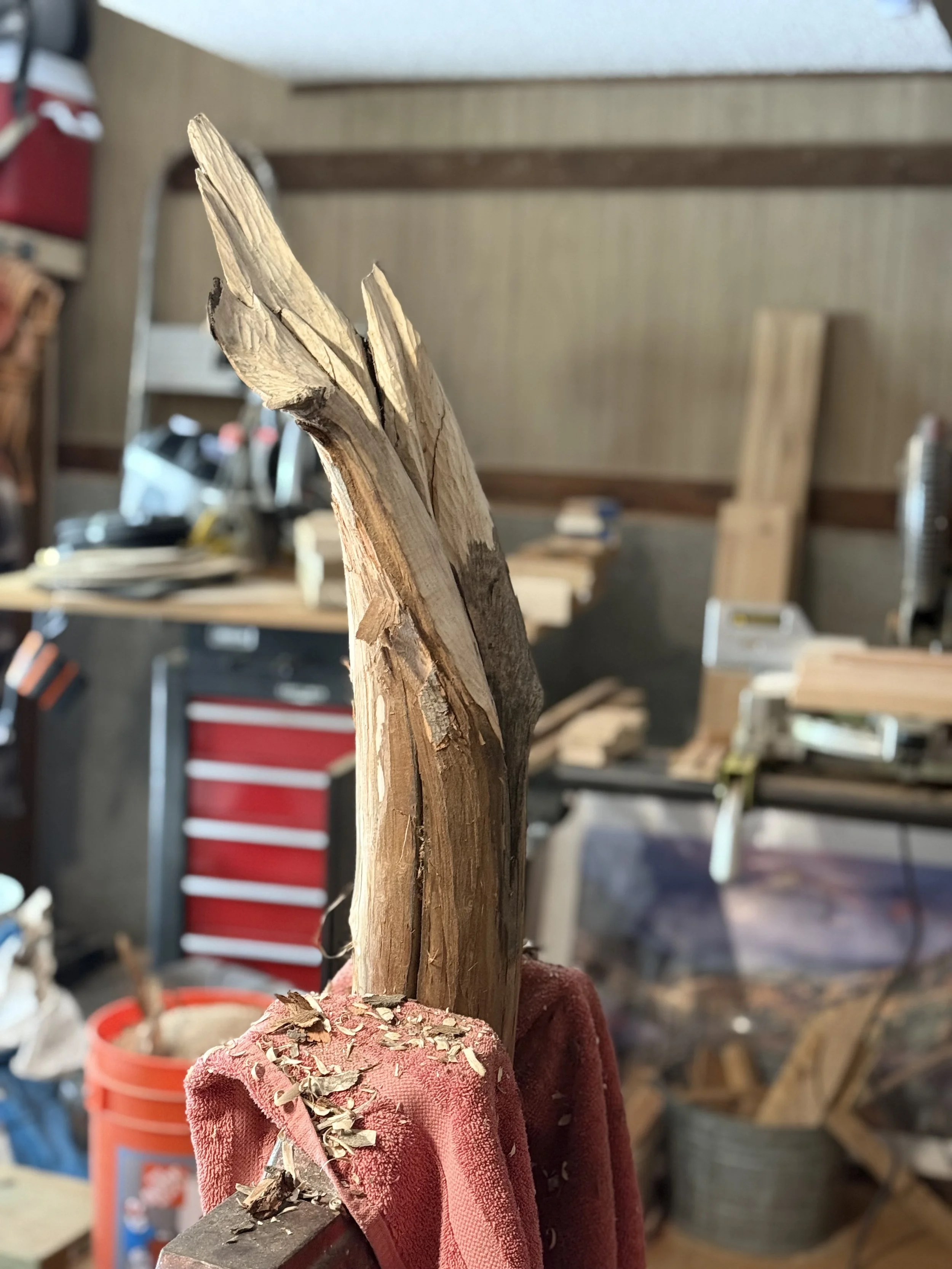 Side profile view showcasing the natural weathered grain and organic textures of a raw tree branch sculpture on the studio workbench by BeckerDzine in Kansas City.