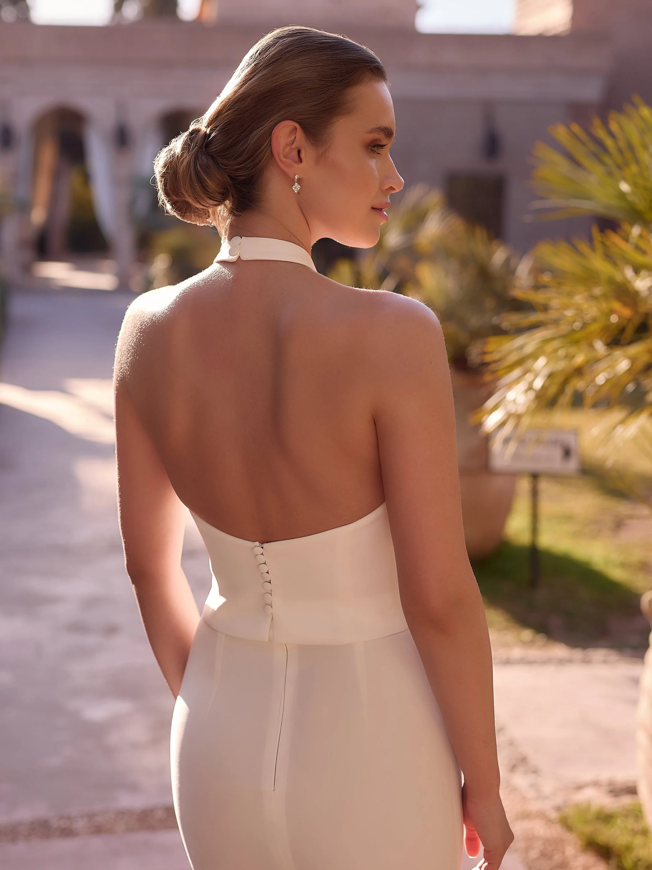 Statis Halter top in satin for brides back view showing buttons at neck