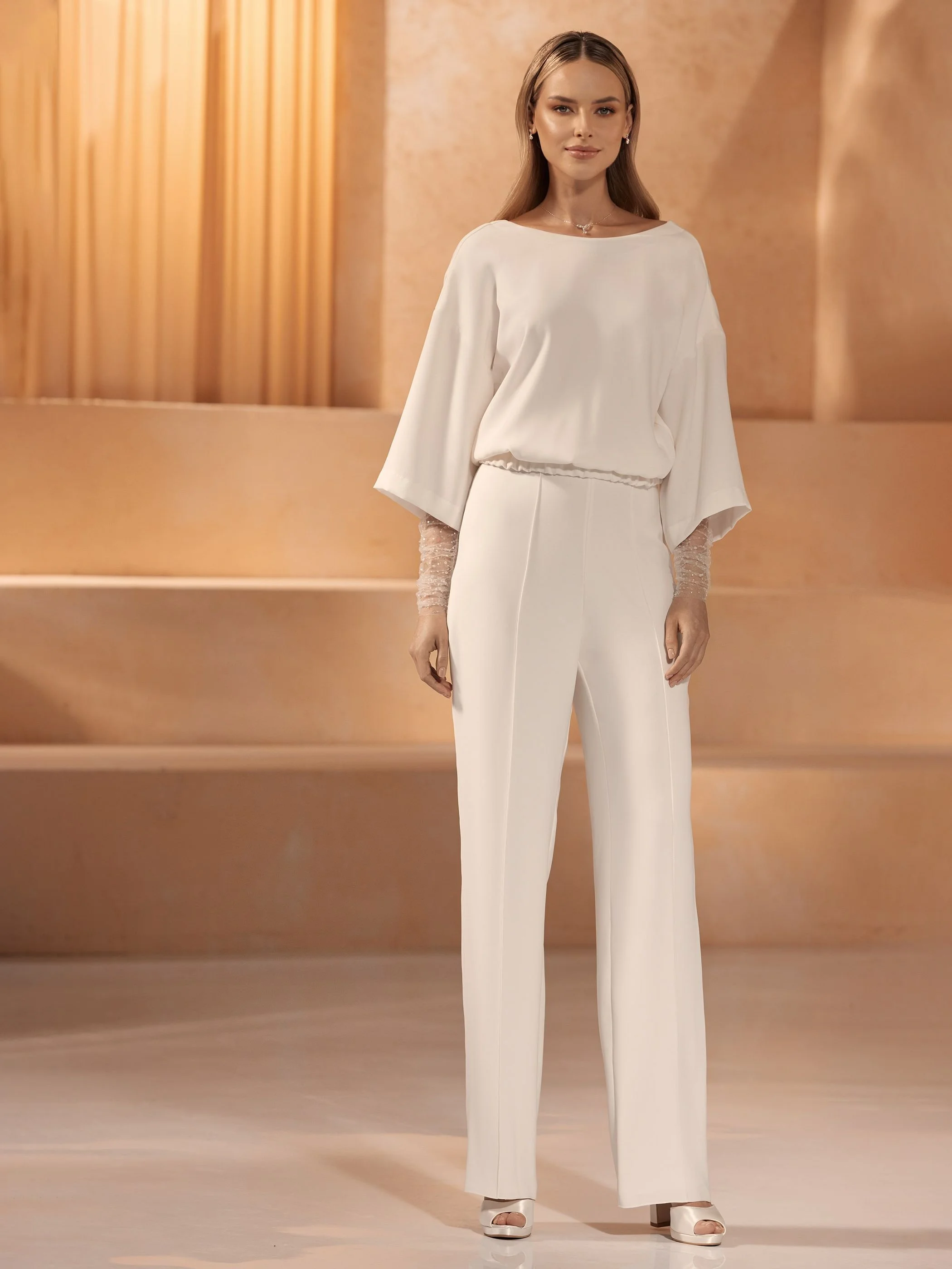 Marlow Pant ftont shown with knit bridal top perfect for a winter wedding