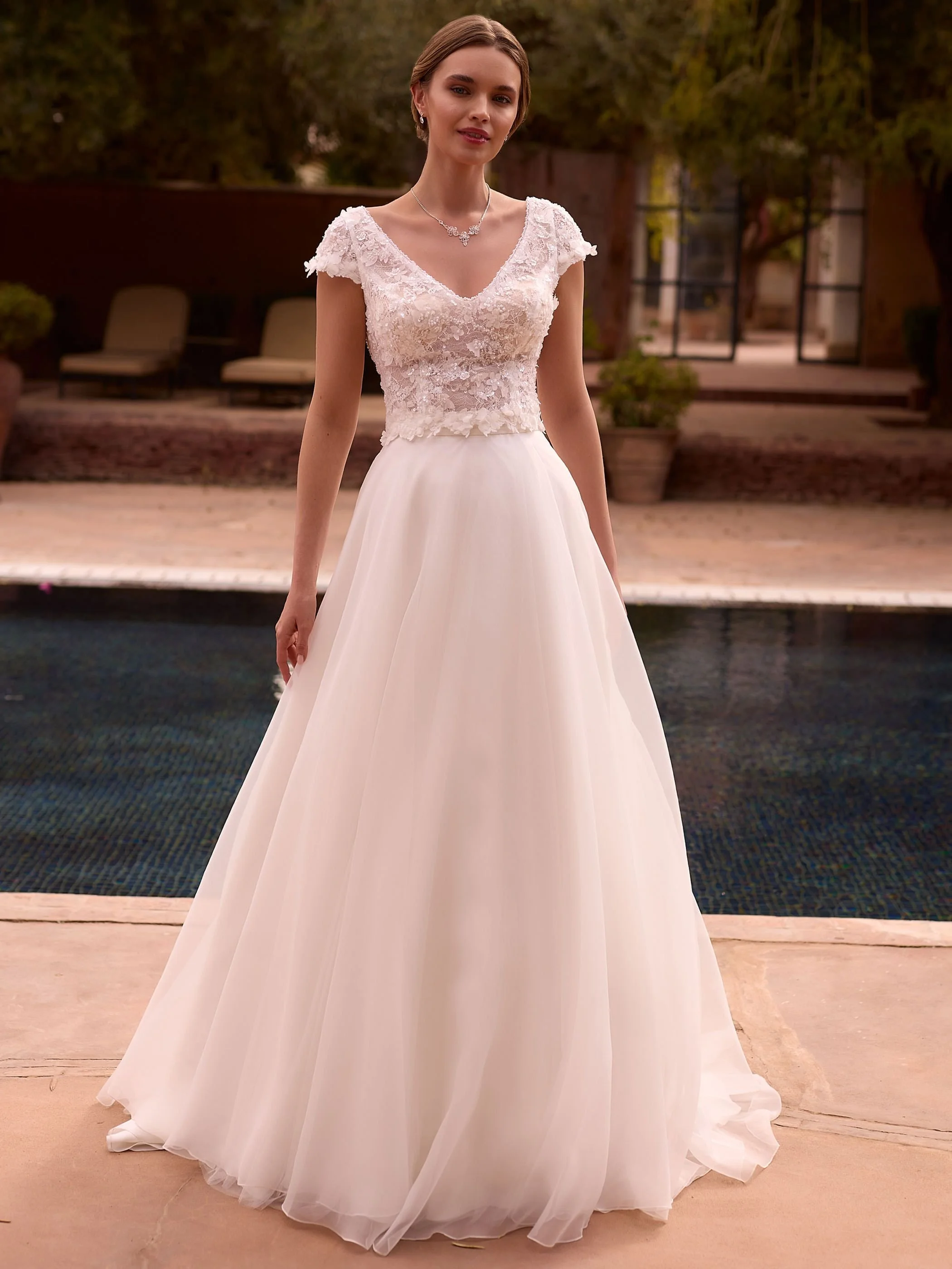 Melody Organza bridal skirt with lace cap sleeve shoulder