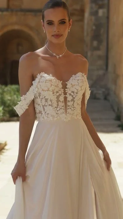 Gains lace bridal off the shoulder top with chiffon skirt with split