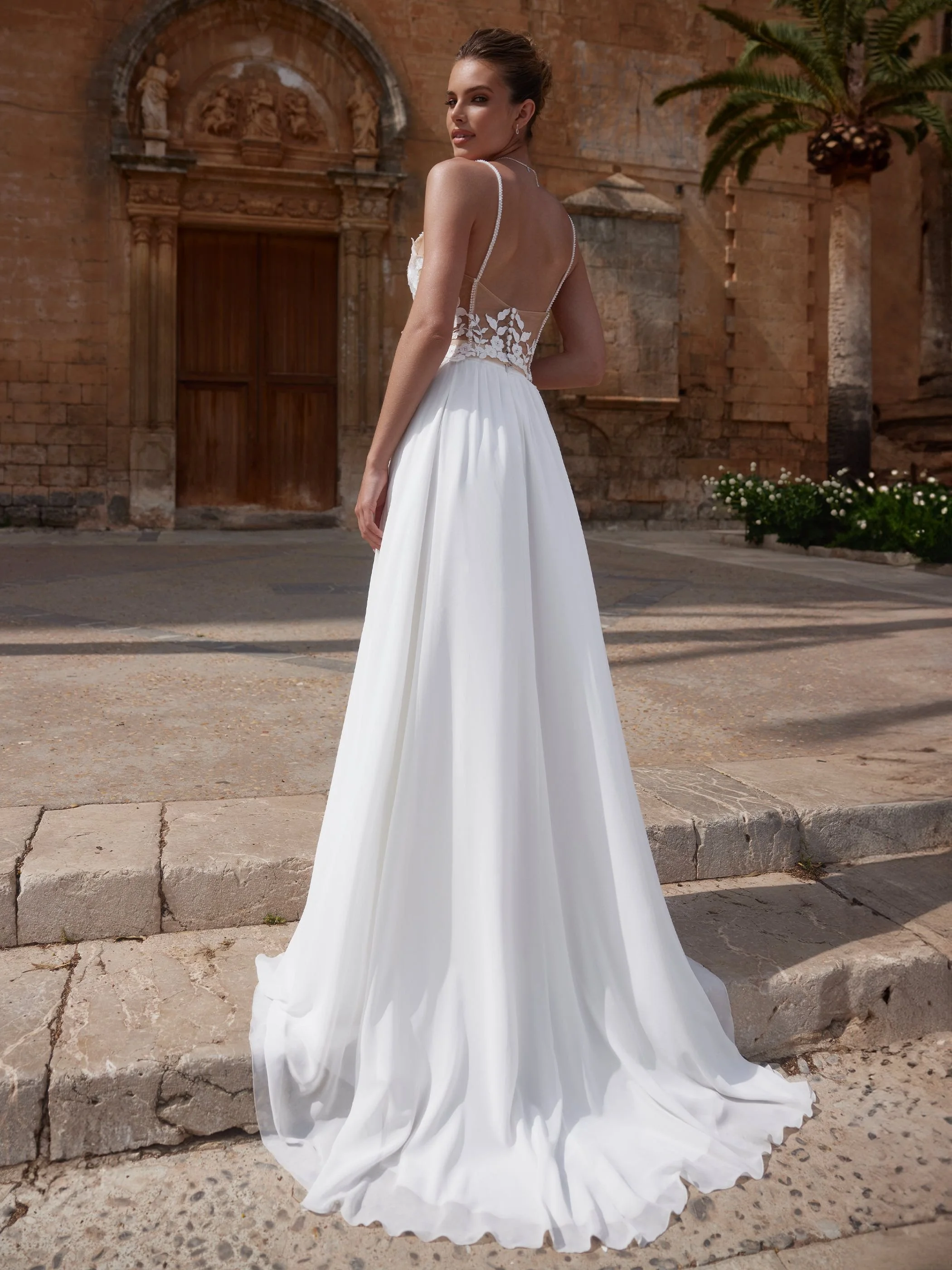 Pillar delicate lace bridal top with shoe string straps