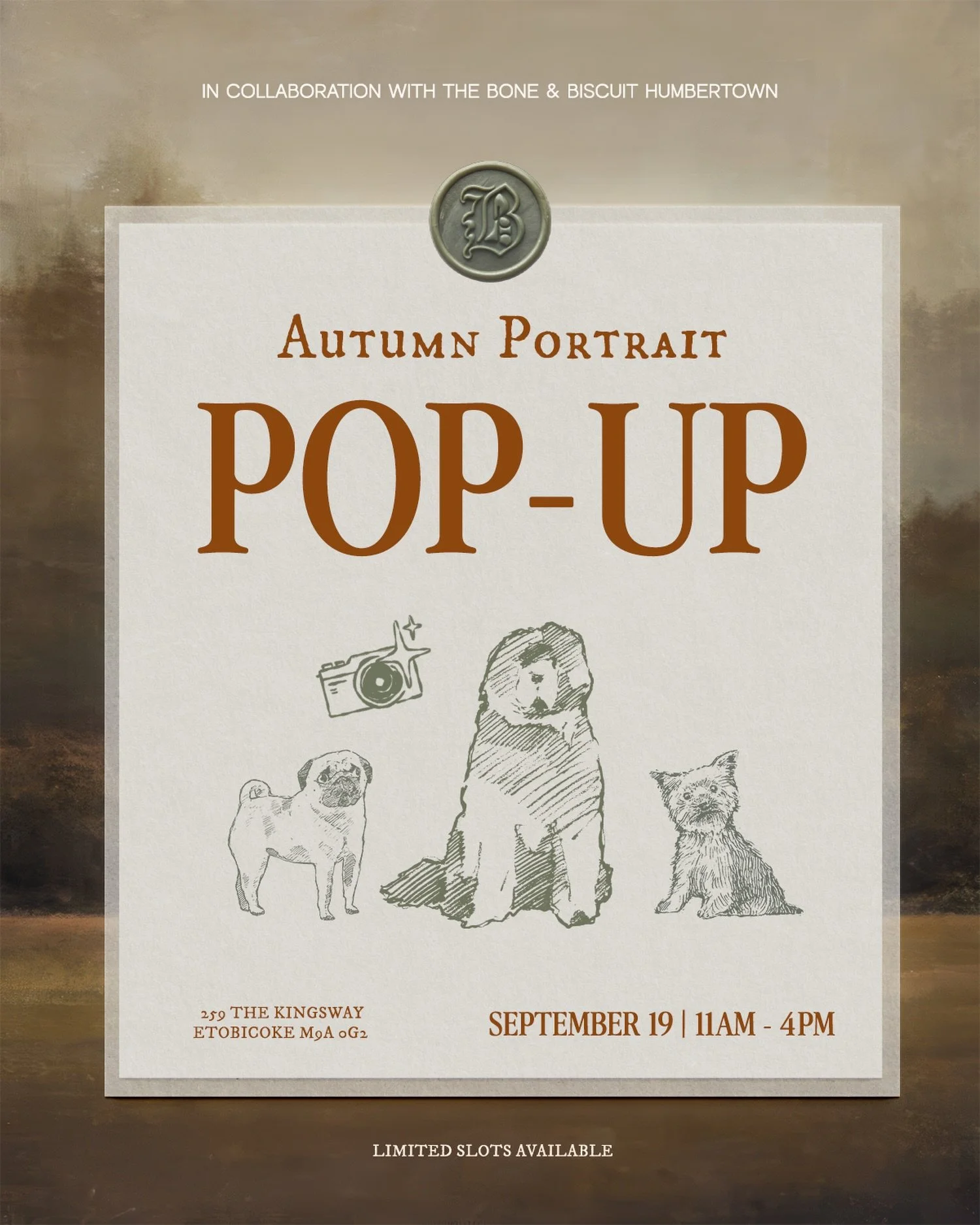 Marking the turn of the season with our Autumn 🍂 Portrait Pop-Up x @boneandbiscuit.pc.humbertown.

Join us for an exclusive single-day studio session dedicated to honoring your companion through timeless fine art. 

Limited slots available.
🗓 Septe