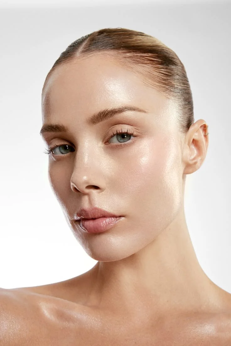 A close-up of a woman with clear skin, slicked-back hair, and natural makeup, looking slightly to the side.