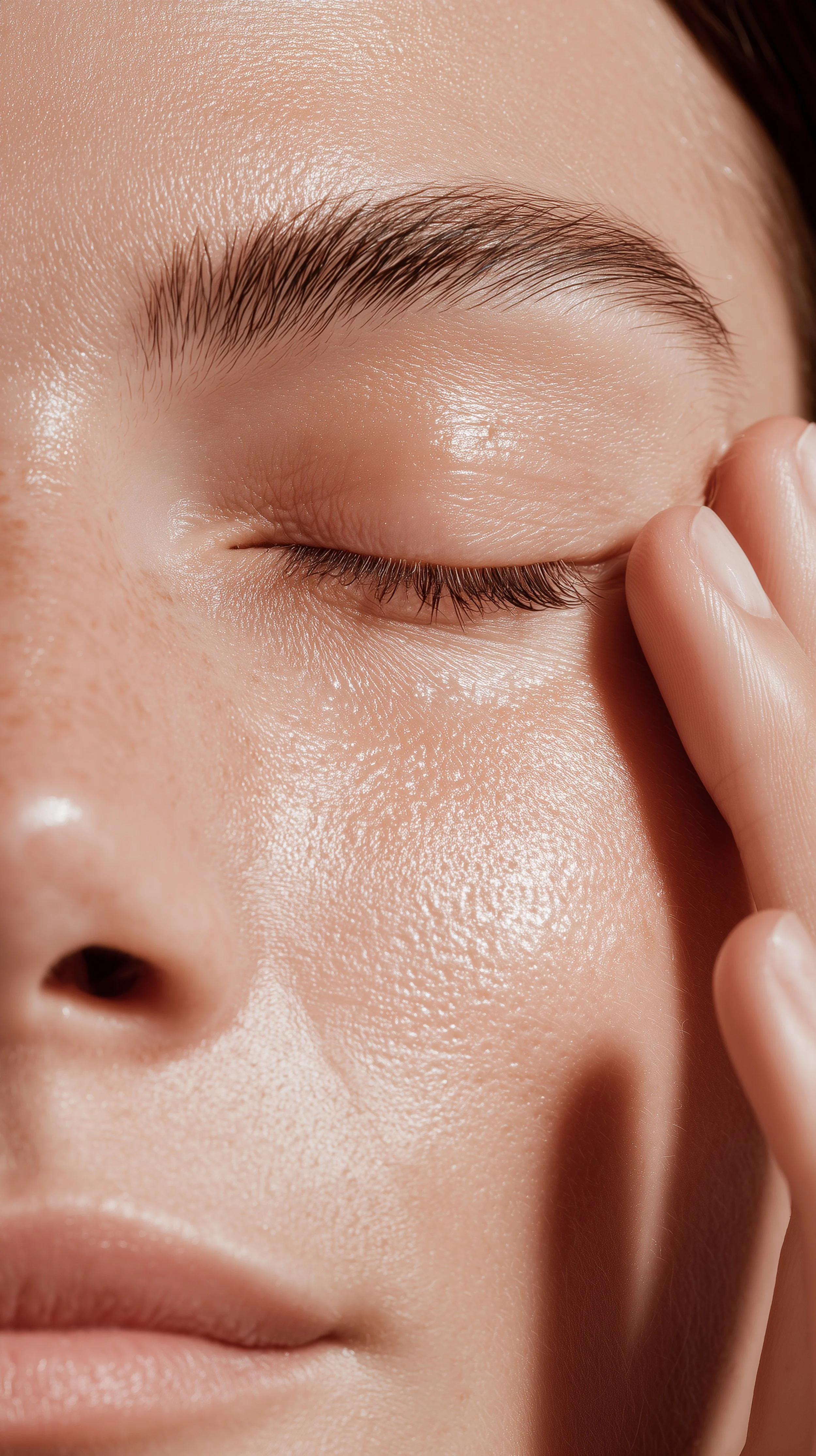 A close-up of a person's face showing their closed eye, finger touching the eyelid, and smooth skin.
