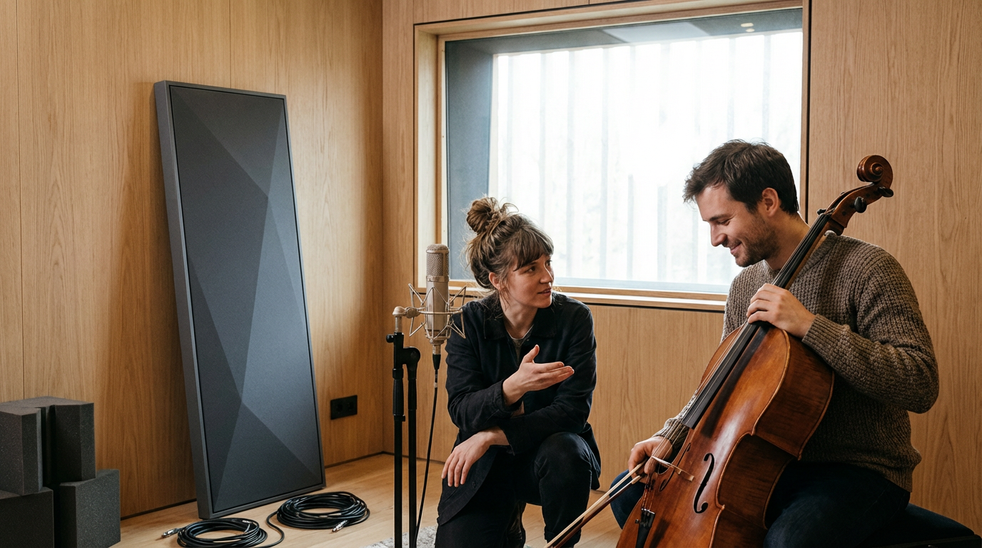 A woman and a man practicing music in a recording studio. The woman is gesturing towards the man, who is playing a cello. There is a microphone between them and a large screen or panel next to them, with wood-paneled walls and a window providing natural light.