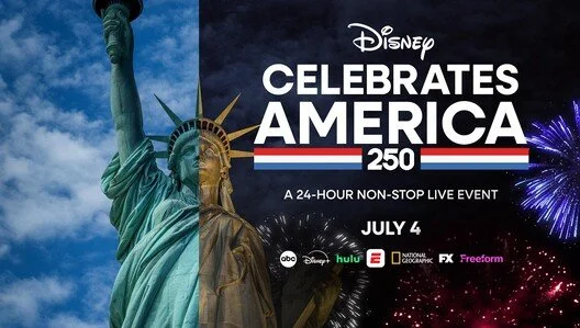 Poster for Disney's Celebrate America event on July 4, marking 250 years. Features halves of the Statue of Liberty and fireworks.