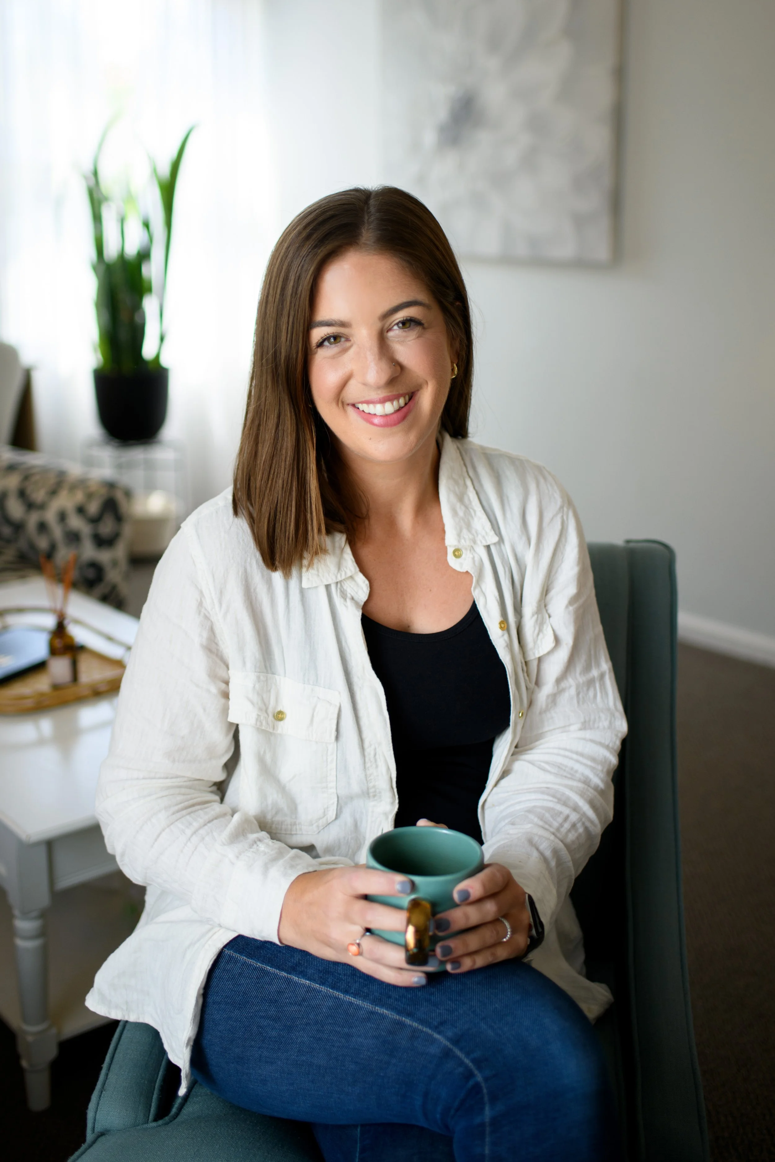 Therapist Erin Zipfel relaxing in her office in Dublin, Ohio