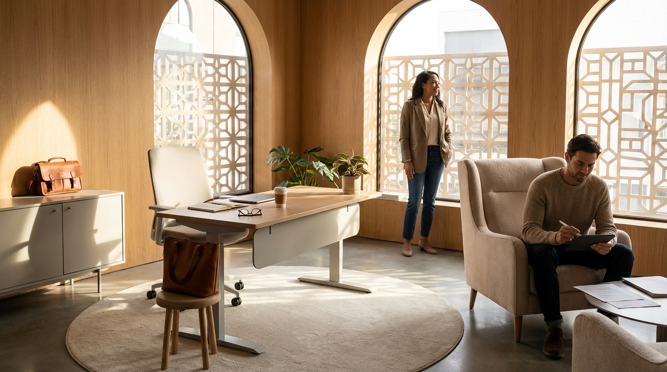 A modern office with wooden walls, large arched windows with decorative screens, a white desk with a plant and a coffee cup, and two people working; a man seated in a beige armchair and a woman standing near the window.