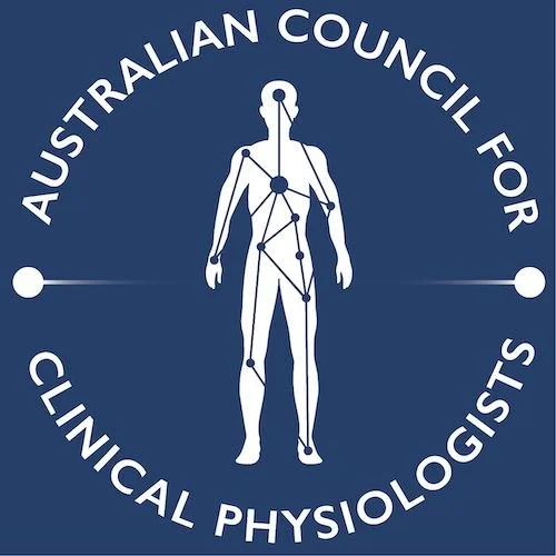 Logo of the Australian Council for Clinical Physiologists featuring a stylized human figure with connected lines indicating body measurement or points, surrounded by the organization name.