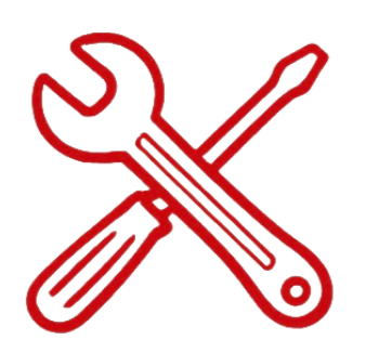 Red neon line drawing of a wrench and screwdriver crossed