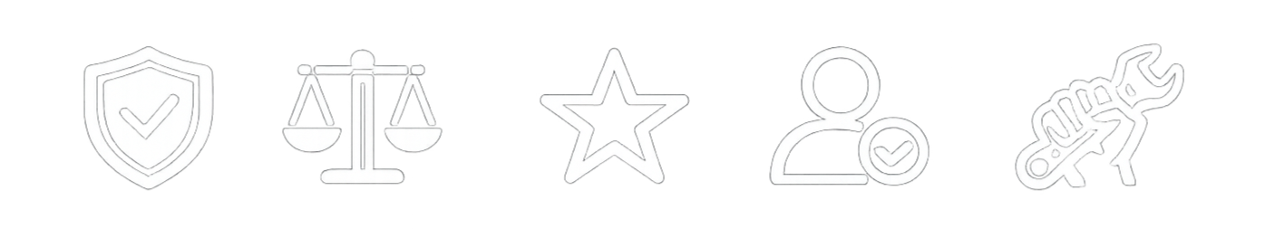 Series of five icons: shield with checkmark, scales of justice, star, person with checkmark, wrench.