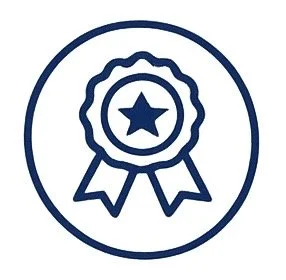 Line drawing of a medal with a star in the center and ribbon tails below, enclosed in a circle.