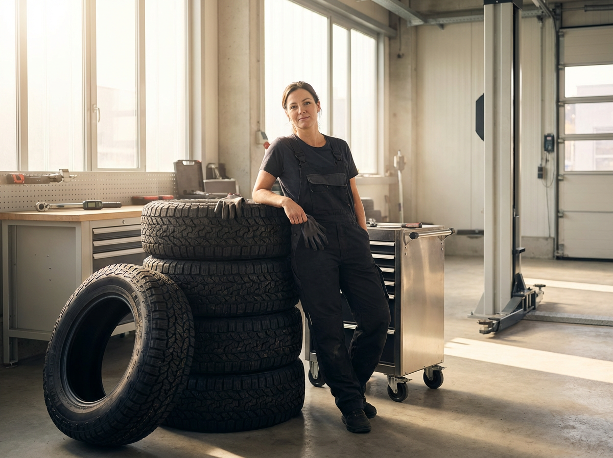 Woman in black coveralls leaning on a stack of four tires in an auto repair shop, with gloves in her hand, working tools on a workbench nearby.