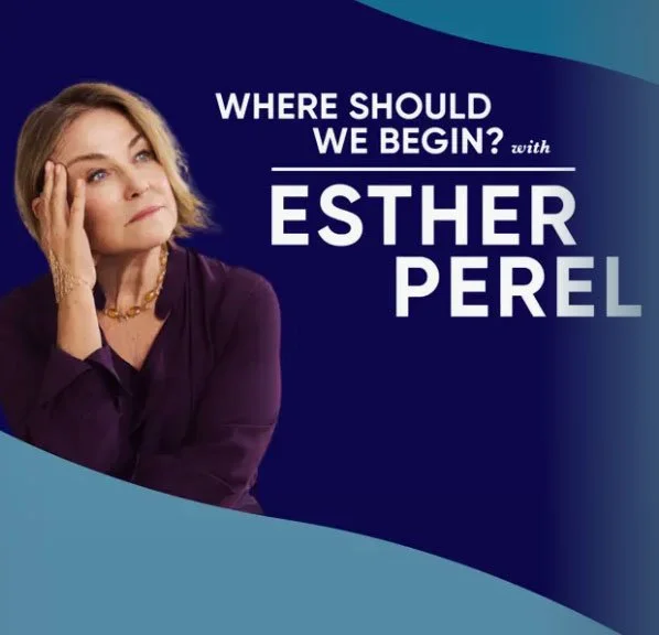 Book cover featuring a woman with short brown hair wearing a purple blouse and gold necklace, with text that reads, 'Where should we begin? with Esther Perel'.