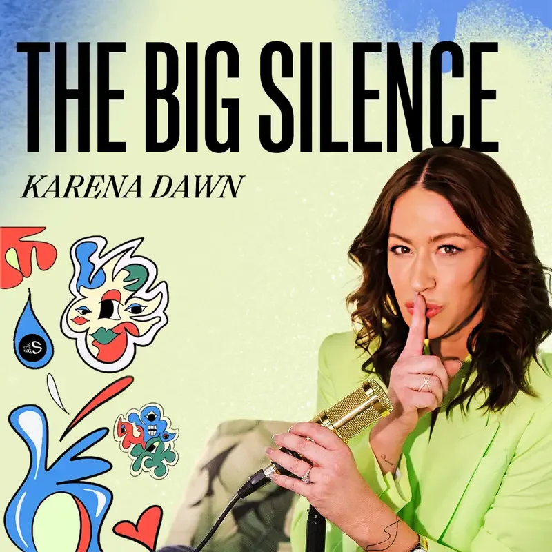 Book cover of "The Big Silence" by Karena Dawn featuring a woman with wavy brown hair, wearing a lime green blazer, holding a gold microphone, with her index finger over her lips in a shushing gesture, and colorful abstract face illustrations on a gradient background.