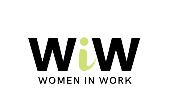 Logo for Women in Work with black and green text, featuring a stylized icon of a woman in green replacing the dot in the letter 'i'.