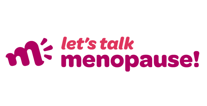 Pink text saying "let's talk menopause!" with a pink stylized 'm' logo on a black background.