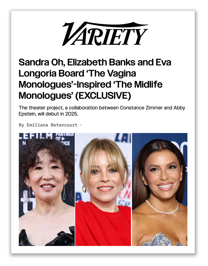 Screenshot of an article from Variety magazine featuring a headline about a theatrical project inspired by 'The Vagina Monologues' with photos of three women underneath the headline.