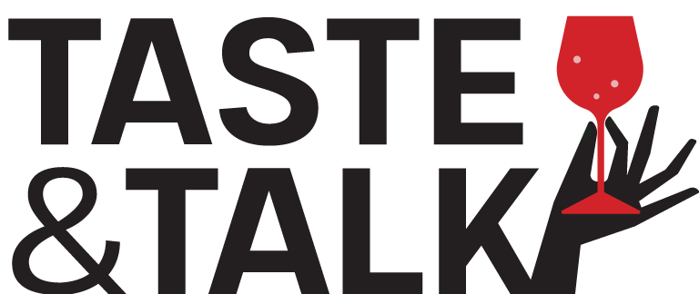 Logo for 'Taste & Talk' featuring the words with a red wine glass as the letter 'I' and a hand holding the glass.