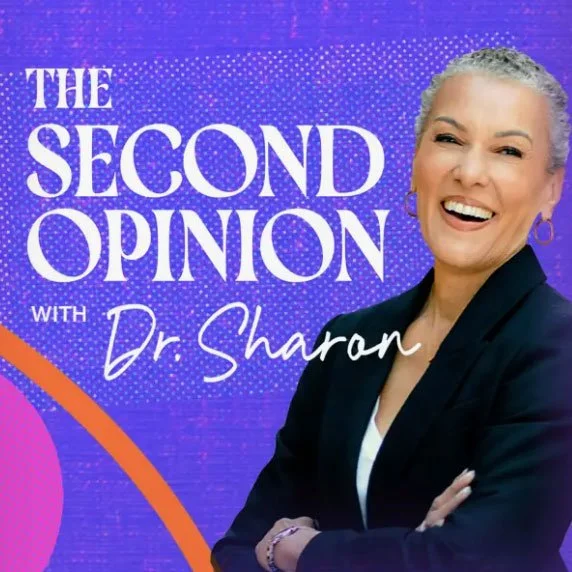 Promotional graphic for 'The Second Opinion with Dr. Sharon' showing a smiling woman with short gray hair in a black blazer against a purple background.