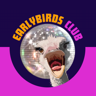 A cartoon ostrich singing in front of a disco ball with the words 'Earlybirds Club' in bright colors.