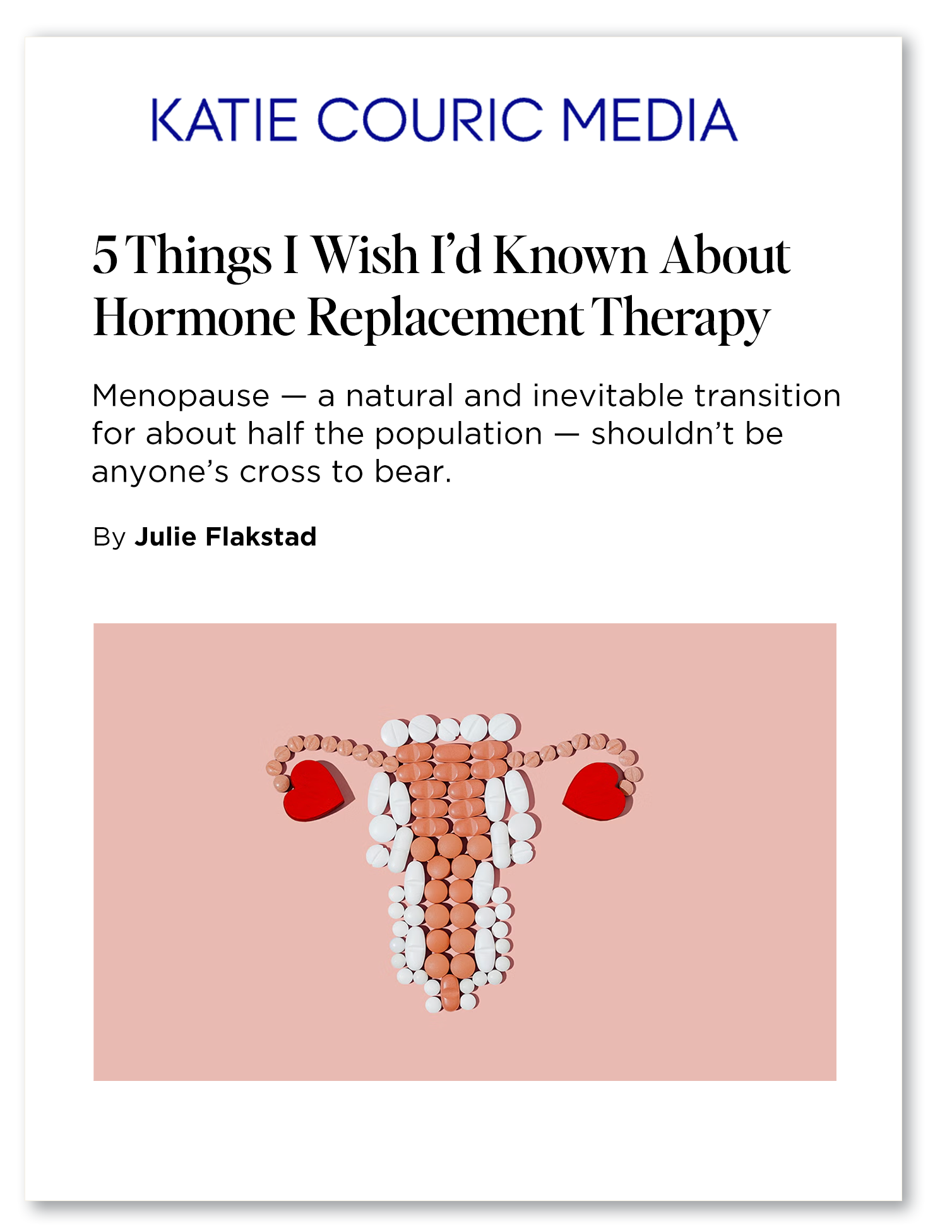 Cover page of an article titled "5 Things I Wish I’d Known About Hormone Replacement Therapy" by Julie Flakstad