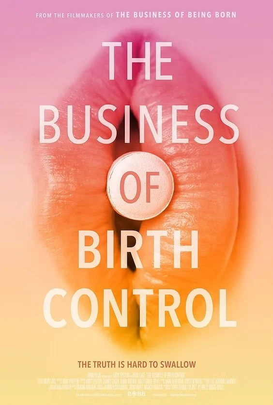 Book cover titled 'The Business of Birth Control' with a pink background featuring a close-up image of lips and a pill at the center.