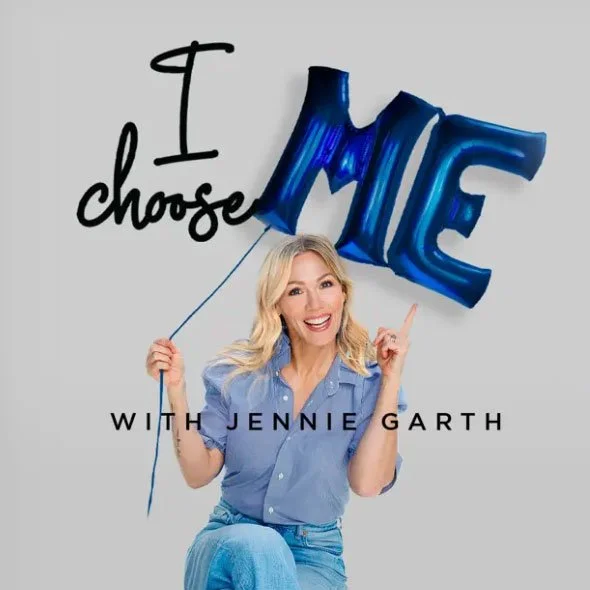 A woman with blonde hair, wearing a light blue shirt, smiling and holding a blue balloon shaped like the word 'ME' with her left hand, while pointing upwards with her right index finger. The background is gray, and there is text saying "I choose" in black cursive and "WITH JENNIE GARTH" in black uppercase letters at the bottom.