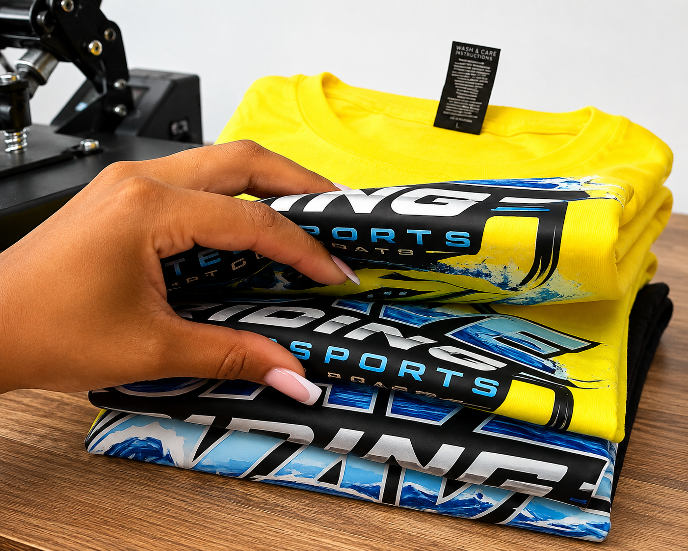 Custom branded apparel created for a watersports rental business, featuring vibrant full color printing and PurePress Tap Connect technology for instant customer access. 